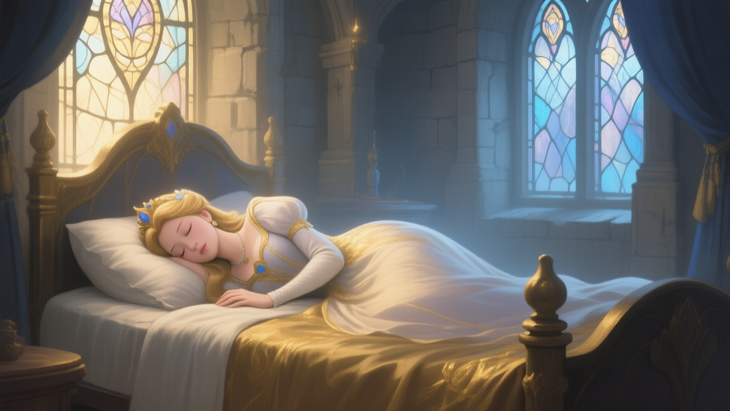 A serene, painterly depiction of a classic Sleeping Princess in a fantasy game, lying on a bed in a forgotten castle chamber, soft magical light filtering through stained glass windows, muted color palette with hints of gold and blue high quality illustration, detailed, 16:9