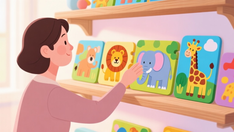 自动生成图片: A parent's hand hovering thoughtfully over a colorful array of children's puzzles featuring zoo animals like lions, elephants, and giraffes, arranged on a wooden shelf, soft natural lighting, pastel color palette high quality illustration, detailed, 16:9