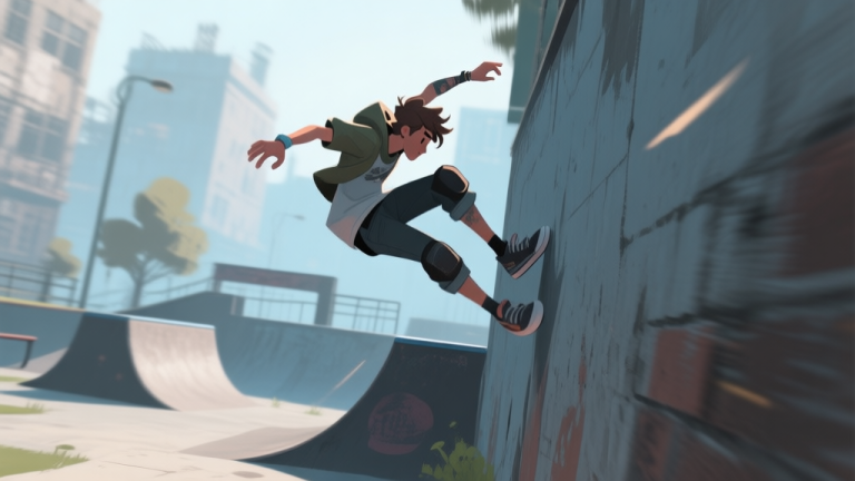 自动生成图片: A dynamic video game scene showing a stylized character performing a wall jump in a gritty urban parkour environment, mid-air, with motion blur effects, soft lighting, and a color palette of greys and blues high quality illustration, detailed, 16:9