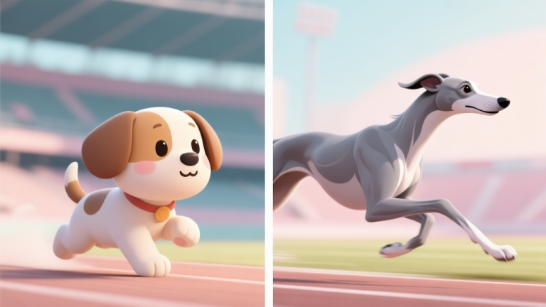 自动生成图片: A split-screen illustration showing a stylized, cute cartoon puppy on one side and a dynamic, sleek greyhound in a racing pose on the other, with a blurred stadium background, soft pastel colors high quality illustration, detailed, 16:9