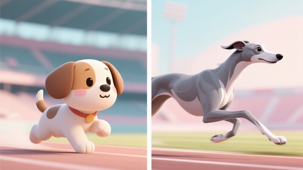 A split-screen illustration showing a stylized, cute cartoon puppy on one side and a dynamic, sleek greyhound in a racing pose on the other, with a blurred stadium background, soft pastel colors high quality illustration, detailed, 16:9