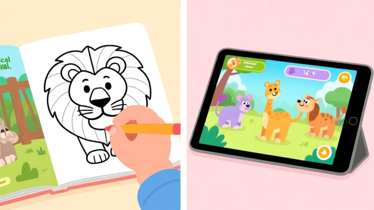自动生成图片: A split-screen illustration showing a child's hand coloring a lion in a physical zoo animal coloring book on the left, and a tablet displaying a colorful interactive educational game with animated animals on the right, soft pastel background high quality illustration, detailed, 16:9
