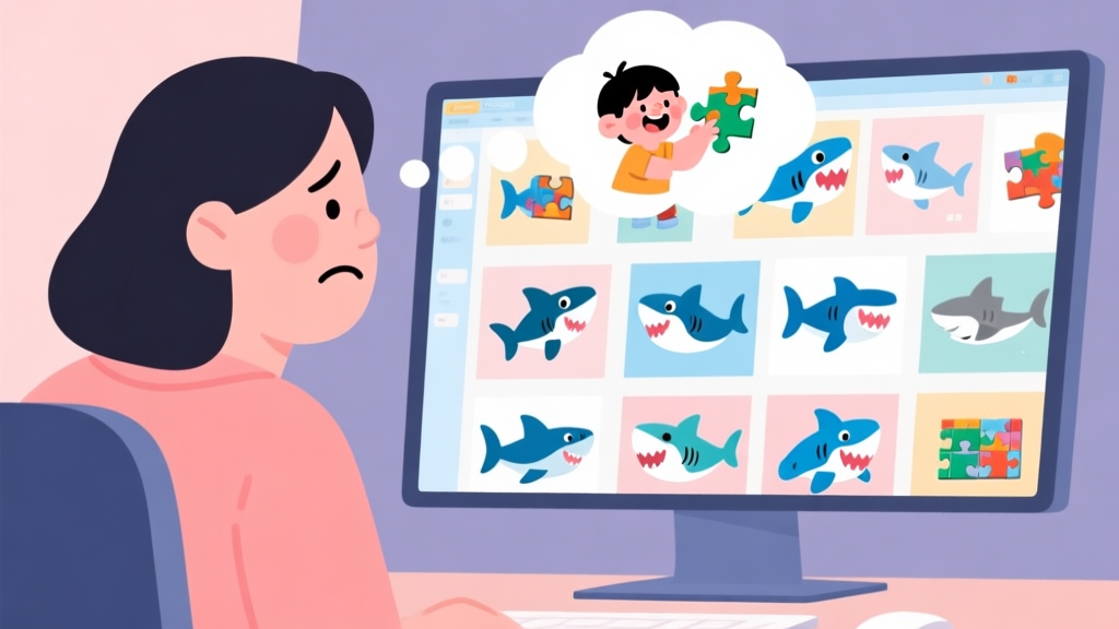 A confused parent looking at a computer screen filled with various cartoon shark puzzle product images, with a thought bubble showing a child happily playing with one perfect puzzle, flat illustration style with soft pastel colors high quality illustration, detailed, 16:9