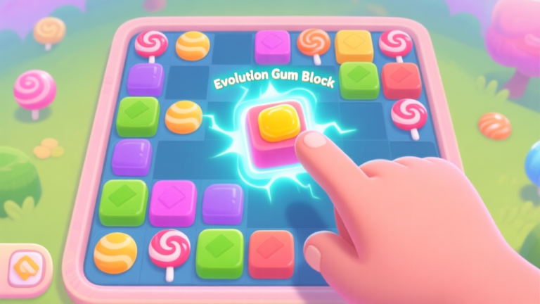 自动生成图片: A vibrant, stylized game UI screenshot showing a puzzle board with various colorful candy blocks, a special "Evolution Gum Block" glowing with energy, and a player's hand about to make a strategic match, soft pastel game art style high quality illustration, detailed, 16:9