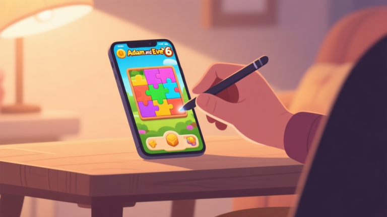 自动生成图片: A cozy, softly lit scene of a smartphone on a table displaying a colorful puzzle game level from Adam and Eve 6, with a hand holding a stylus poised to interact, in a flat illustration style with warm, muted colors high quality illustration, detailed, 16:9