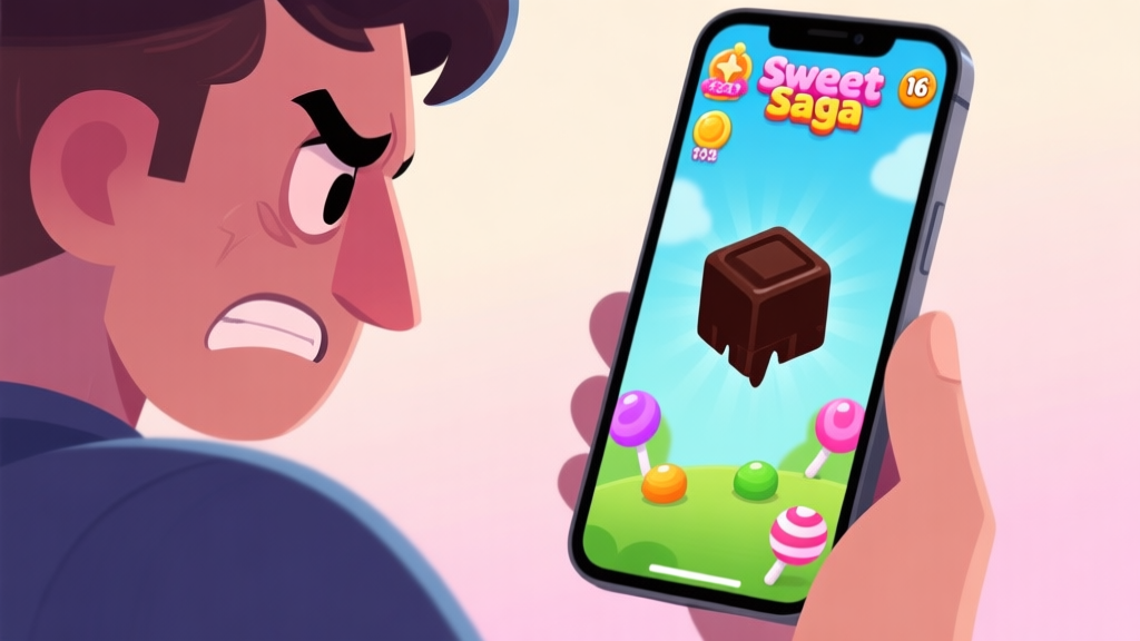 A frustrated gamer looking at a mobile phone screen showing a failed Sweet Candy Saga level, with a dark chocolate blocker prominently in the center, soft pastel background high quality illustration, detailed, 16:9