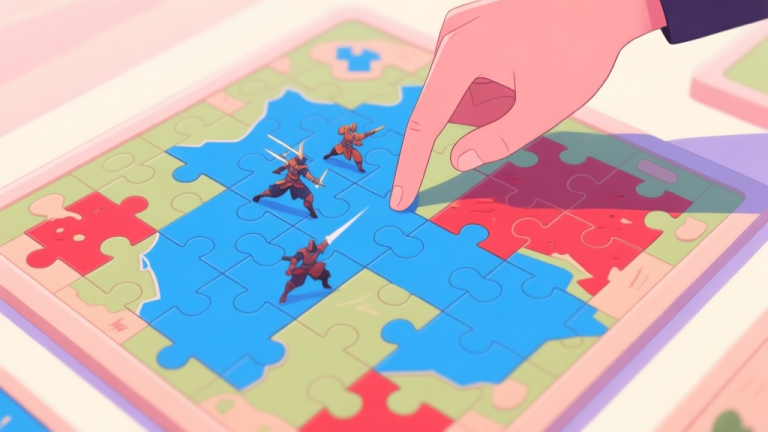 自动生成图片: A top-down view of a vibrant puzzle game board in soft pastel colors, showing a clear battle between expanding blue territory and encroaching red patches, with a thoughtful hand hovering above as if planning the next move high quality illustration, detailed, 16:9