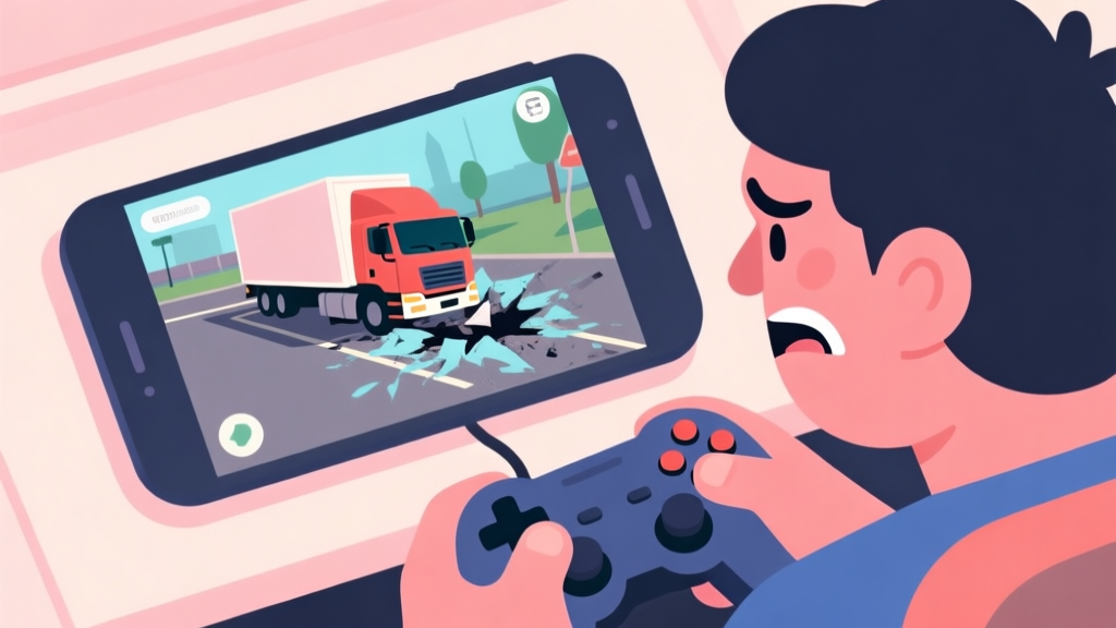 A top-down view of a frustrated gamer looking at a mobile screen showing a truck simulator with a failed parking attempt, soft pastel colors, flat illustration style high quality illustration, detailed, 16:9