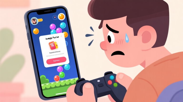 自动生成图片: A frustrated mobile gamer looking at a difficult bubble shooter level on a phone screen, with a tempting in-app purchase pop-up visible, in a casual cartoon style with soft colors high quality illustration, detailed, 16:9