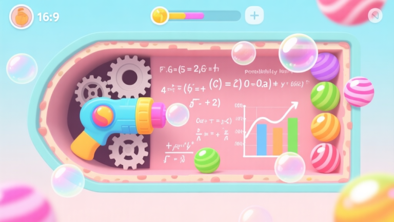自动生成图片: A stylized, cross-section view of a bubble shooter game interface, revealing hidden gears, mathematical formulas, and probability charts behind the colorful candy-themed bubbles, soft pastel color palette high quality illustration, detailed, 16:9
