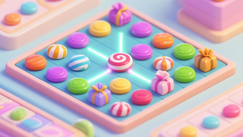 A detailed, isometric view of a vibrant game board from a match-3 puzzle game, showing colorful candies and special pieces like striped candies and wrapped candies, with glowing connection lines, soft pastel color scheme high quality illustration, detailed, 16:9