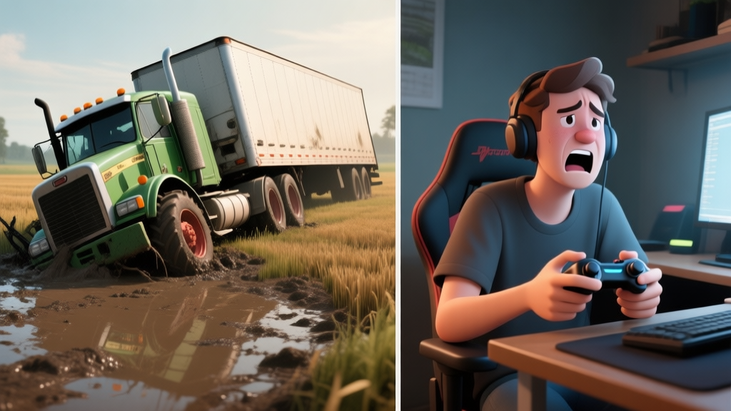 A split-screen image contrasting a frustrating gaming moment: on one side, a heavy tractor-trailer jackknifed in a muddy field in a simulation game; on the other side, a player at a desk with a relieved expression, holding a game controller. Soft lighting, realistic game graphics style. high quality illustration, detailed, 16:9