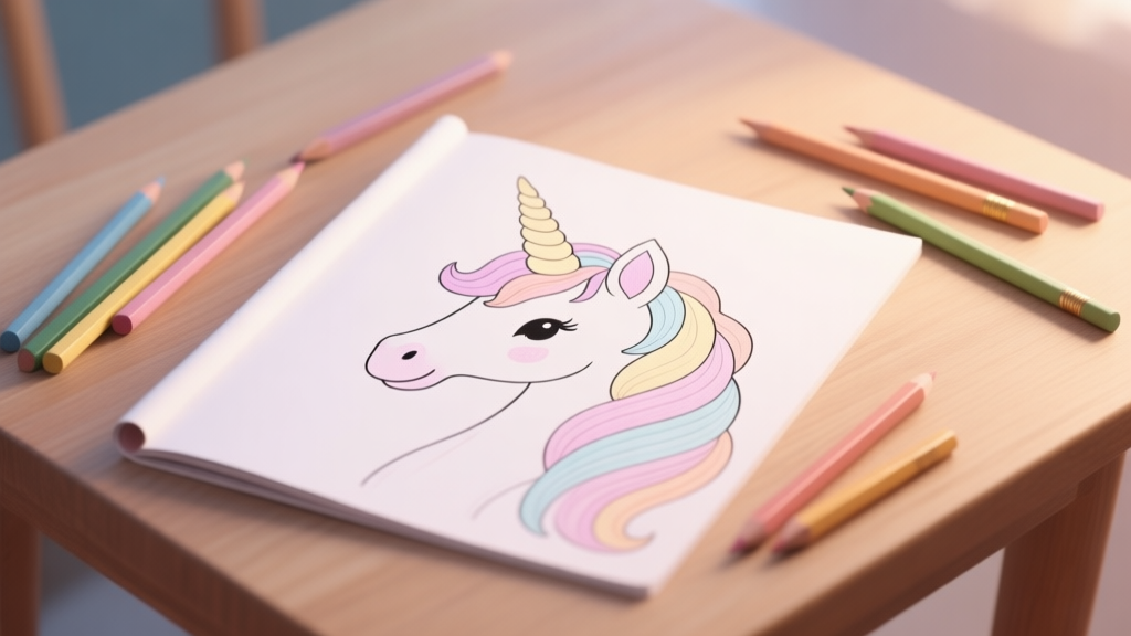 A serene, softly lit scene of a detailed unicorn coloring book page partially filled with gentle pastel colors, surrounded by high-quality colored pencils, on a wooden table, flat lay style, soft color scheme high quality illustration, detailed, 16:9