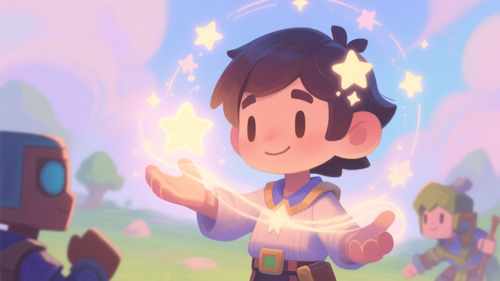 A stylized, hopeful video game character with starry motifs casting a supportive spell on allies, soft magical glow, pastel color palette, digital painting style high quality illustration, detailed, 16:9