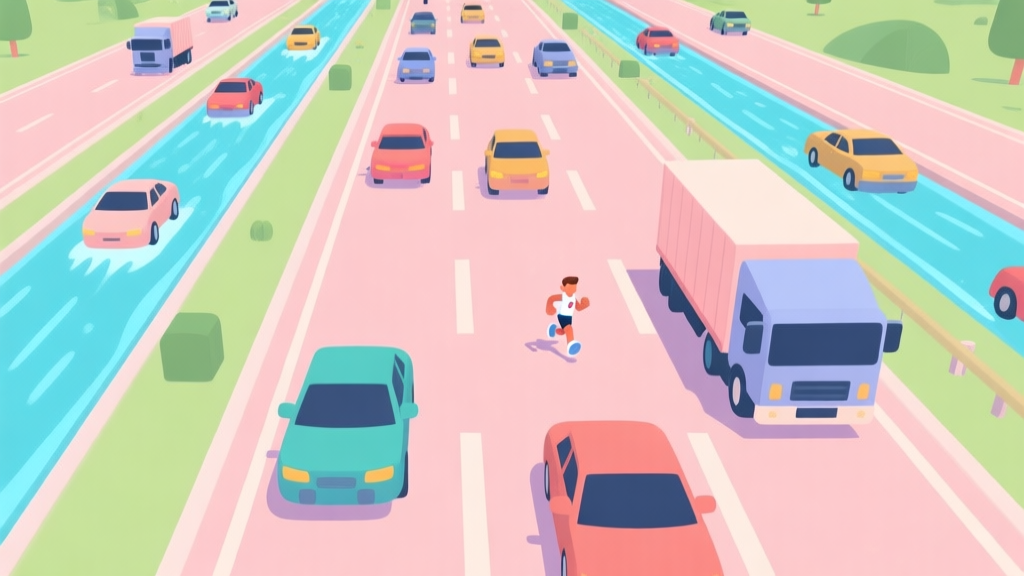 Top-down view of a colorful highway in a mobile game, with streams of cars and trucks moving in lanes, a small runner character visible between the vehicles, soft pastel color palette, clean vector illustration style high quality illustration, detailed, 16:9