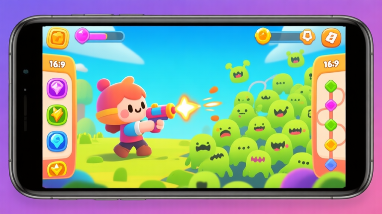 自动生成图片: A vibrant, stylized mobile game screen showing a cute character shooting at hordes of simple monsters, with various power-up icons and evolution paths visible on the sides, in a bright and engaging color palette high quality illustration, detailed, 16:9