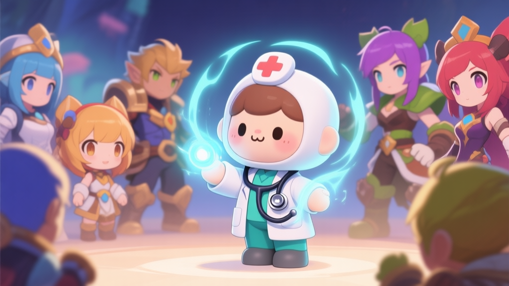 A vibrant game scene showing a stylized, cute "doctor doll" character with a stethoscope, using a healing ability on a team of diverse game characters, anime-inspired art style, soft lighting high quality illustration, detailed, 16:9