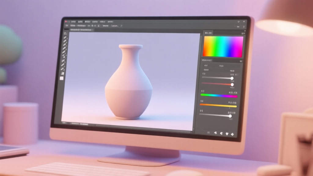 A 3D digital artist's workspace showing a simple 3D model of a vase on a screen, with a color palette interface open next to it displaying RGB sliders and numerical values, soft lighting, pastel color scheme high quality illustration, detailed, 16:9