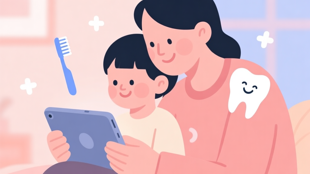 A cozy scene of a parent and child looking at a tablet together, soft pastel colors, with simple icons of a toothbrush and a smiling tooth floating around, flat illustration style high quality illustration, detailed, 16:9