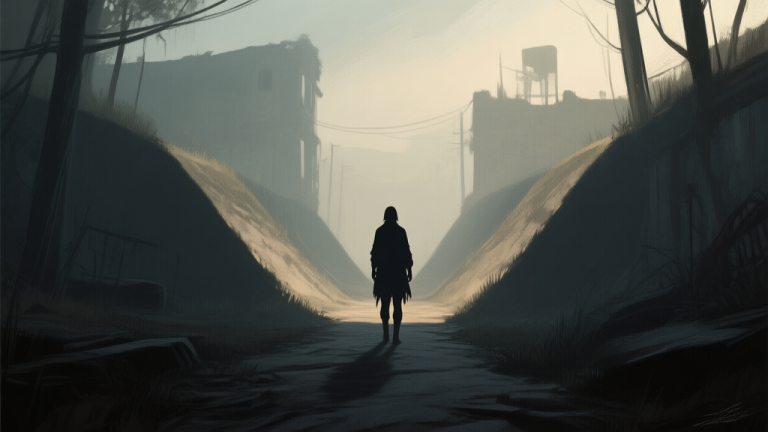 自动生成图片: A moody, artistic game scene showing a single character silhouette facing two diverging, shadowy paths in a post-apocalyptic environment, soft lighting, cinematic composition, digital painting style high quality illustration, detailed, 16:9