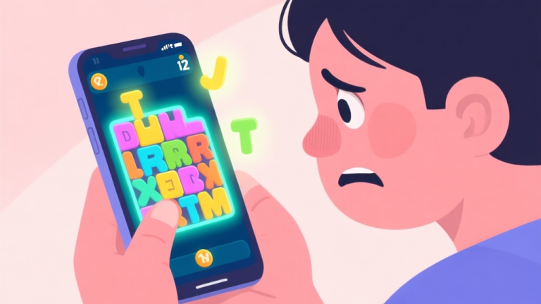 自动生成图片: A frustrated person looking at a brightly colored word puzzle game on a mobile phone screen, with jumbled letters glowing, flat illustration style with soft pastel colors high quality illustration, detailed, 16:9
