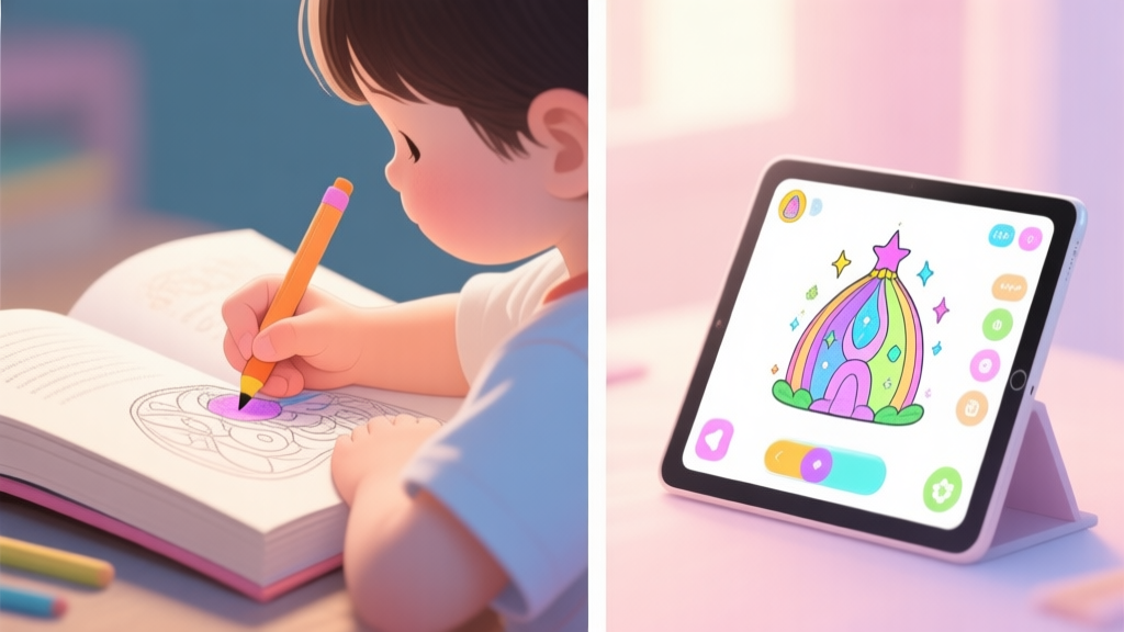 Split-screen illustration showing a child's hand coloring in a physical book on the left, and a tablet with a magical coloring app on the right, soft pastel colors, gentle lighting high quality illustration, detailed, 16:9