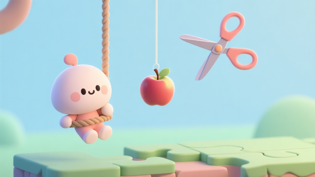 A stylized, soft-colored illustration of a puzzle game scene. A cute character hangs from a rope, a tempting apple swings nearby, and a pair of virtual scissors hovers, all set against a simple, calming background of pastel blues and greens. high quality illustration, detailed, 16:9