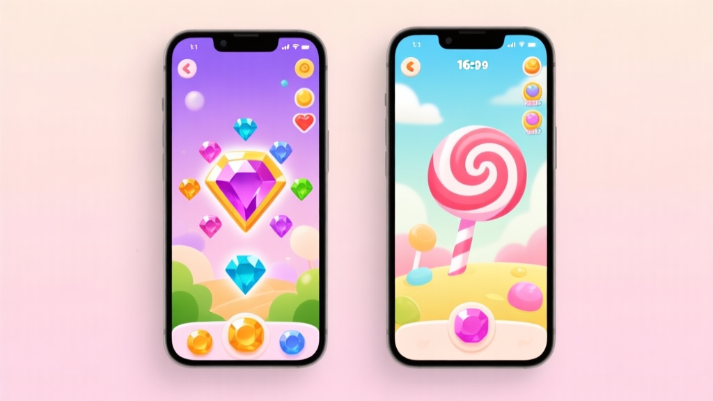Side-by-side comparison of two vibrant match-3 game interfaces on mobile screens, one with jewel themes and the other with candy themes, soft pastel background, clean and modern illustration high quality illustration, detailed, 16:9