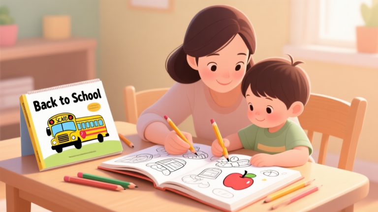 自动生成图片: A cozy scene of a mother and young child coloring together at a table, focused on a 'Back to School' coloring book. The image is warm, inviting, with soft colors, showing pencils and an open book filled with school-themed drawings like a school bus and an apple. high quality illustration, detailed, 16:9