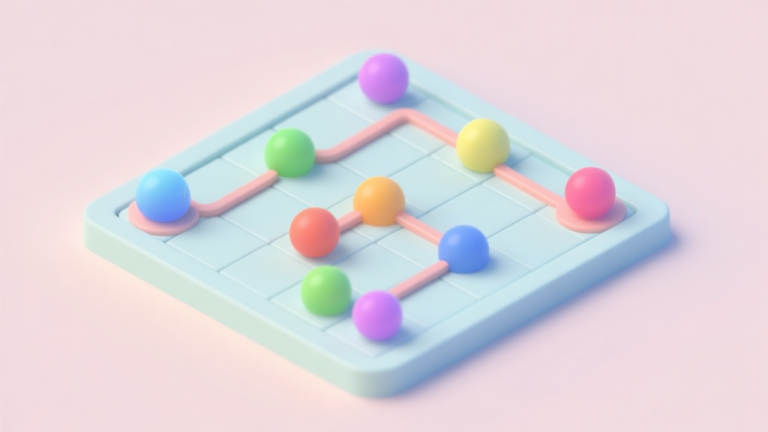自动生成图片: A clean, minimalist game interface of a blob merging puzzle, showing colorful blobs on a grid with connecting paths, soft pastel color palette, isometric view high quality illustration, detailed, 16:9