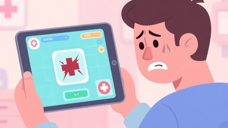 自动生成图片: A frustrated player looking at a tablet screen showing a failed treatment in a medical simulation game, soft pastel colors, cartoon style with a clean interface high quality illustration, detailed, 16:9