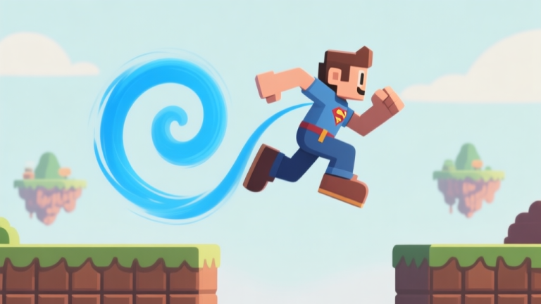自动生成图片: A side-view of a stylized video game character performing a super jump, leaving a blue helix-shaped trail in the air, against a simple platformer background with distant floating islands, soft color palette high quality illustration, detailed, 16:9