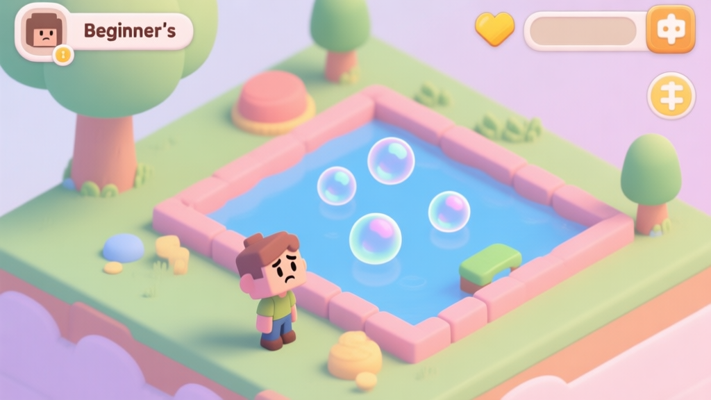 A serene and colorful game scene showing a beginner's bubble farm with just a few basic bubbles, a player character looking slightly confused at a simple interface, soft pastel colors, isometric view high quality illustration, detailed, 16:9