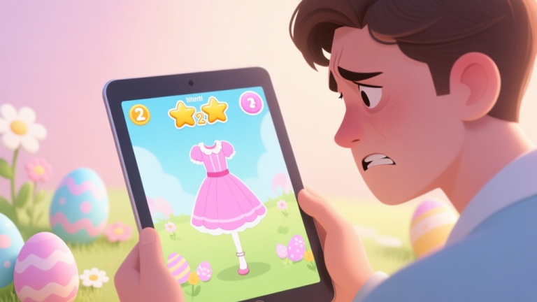 自动生成图片: A frustrated player looking at a tablet screen showing a dress-up game with a 2-star rating, pastel Easter-themed background with eggs and flowers, soft lighting high quality illustration, detailed, 16:9