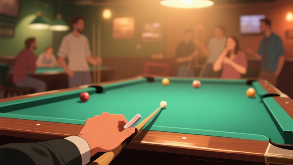 A cozy, softly lit pool hall scene from a first-person perspective, showing a hand chalked up and about to take a shot on a well-maintained table, with blurred friends in the background, warm and inviting atmosphere high quality illustration, detailed, 16:9