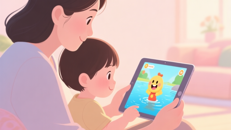 自动生成图片: A cozy scene of a parent and young child looking at a tablet together, soft pastel colors, focus on the shared screen showing a cheerful cartoon character near water, warm and inviting atmosphere high quality illustration, detailed, 16:9