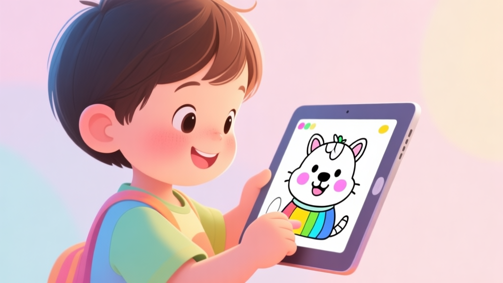 A cheerful, colorful digital illustration of a preschool-aged child using a tablet, with a friendly cartoon animal coloring page on the screen, soft pastel background high quality illustration, detailed, 16:9