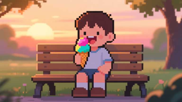 自动生成图片: A warm, nostalgic illustration of a pixel-art character sitting on a park bench, happily eating a colorful ice cream cone, with a soft sunset in the background, evoking feelings of childhood and simple joy high quality illustration, detailed, 16:9