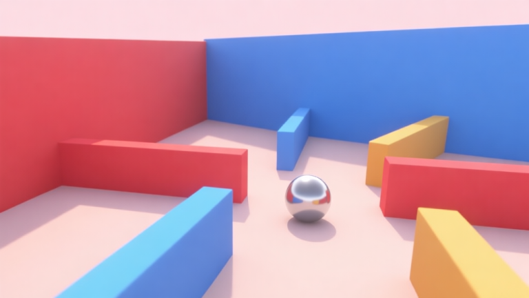 自动生成图片: A 3D game scene showing a silver ball hesitating at a crossroads of colorful barriers, red and blue walls, soft pastel background, clean geometric shapes, from a player's perspective high quality illustration, detailed, 16:9