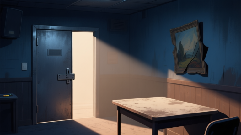 自动生成图片: A dimly lit game room with a single locked metal door, a ray of light highlighting a dusty table and a slightly crooked painting on the wall, soft shadows, muted color palette of dark blues and browns high quality illustration, detailed, 16:9