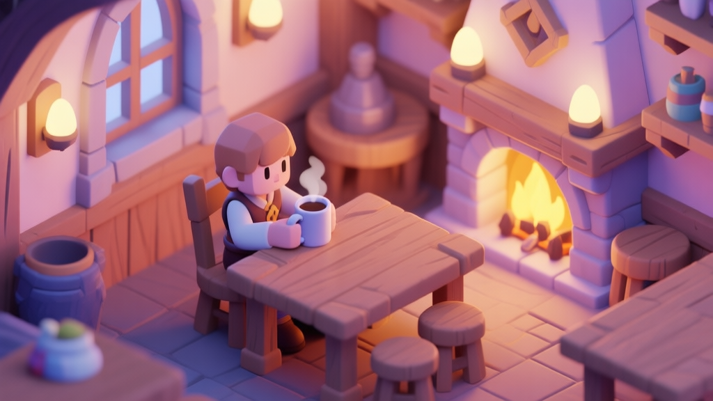 A cozy, isometric view of a fantasy game tavern interior, with a character sitting at a wooden table sipping from a steaming mug, soft warm lighting from a fireplace, in a gentle pastel color palette high quality illustration, detailed, 16:9