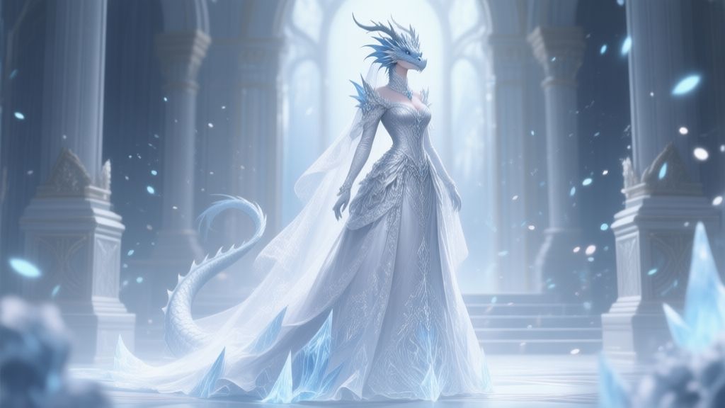 A majestic dragon queen character in an intricate icy wedding gown, standing in a fantasy palace, soft glow and particle effects, game art style, muted silver and blue color palette high quality illustration, detailed, 16:9