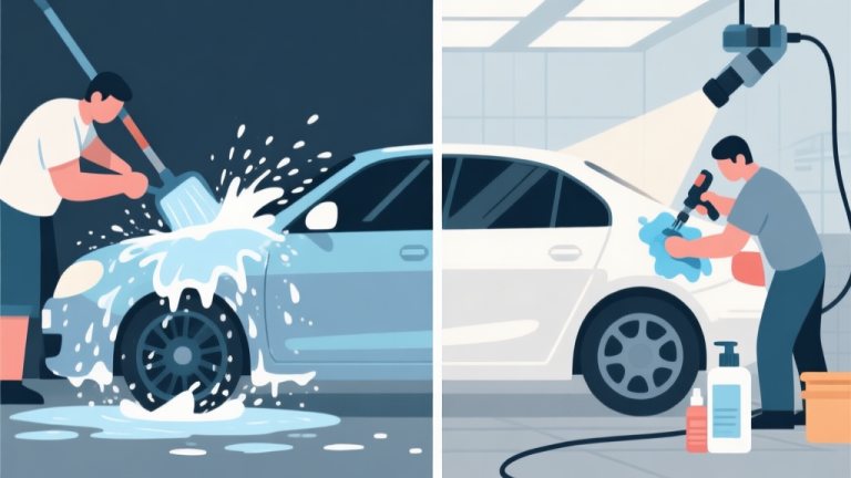 自动生成图片: A split-screen illustration showing two sides of car care. Left side: a car being quickly washed with basic tools, water splashing. Right side: a car in a detailed, careful cleaning process with specialized tools and products, under soft lighting. Muted color palette of blues, grays, and whites. high quality illustration, detailed, 16:9