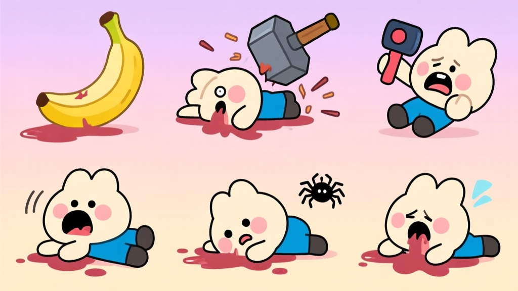 A humorous and colorful cartoon illustration showing a cute video game character dying in various silly ways, like slipping on a banana peel, being hit by a falling anvil, or getting scared by a tiny spider. The style is playful and exaggerated, with a soft pastel color palette. high quality illustration, detailed, 16:9