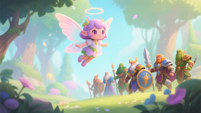 自动生成图片: A cute, fairy-like game character with wings, hovering above a team of diverse fantasy heroes in a bright, magical forest setting, soft pastel color palette high quality illustration, detailed, 16:9