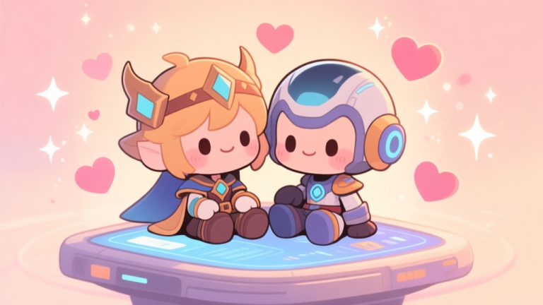 自动生成图片: A cozy, warm-toned illustration of two cute, chibi-style game characters from different genres (one fantasy, one sci-fi) sitting together on a digital interface, surrounded by floating hearts and sparkles, soft pastel color palette high quality illustration, detailed, 16:9