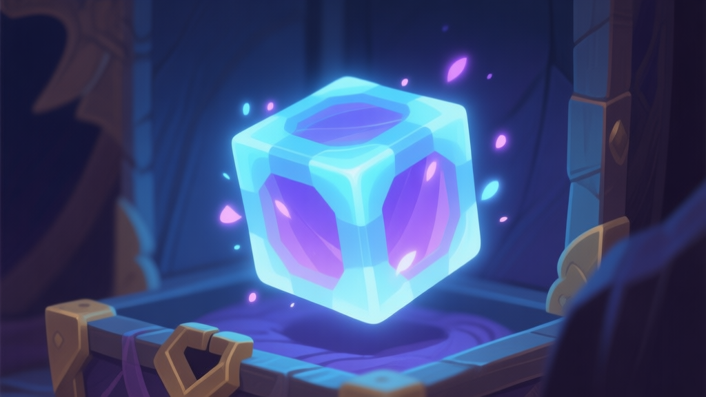 A glowing, mystical cube floating in a fantasy game inventory, soft blue and purple light, magical particles, minimalist style high quality illustration, detailed, 16:9