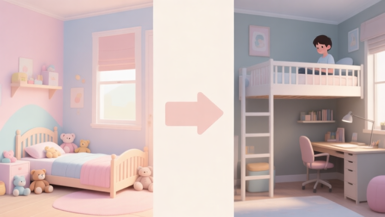 自动生成图片: A split-room illustration showing the evolution of a child's bedroom. Left side: a toddler's room with a low bed, soft toys, and pastel colors. Right side: the same room transformed for a teenager with a loft bed, a study desk, and muted tones. The transition is shown with a gentle arrow in the middle, using a soft and harmonious color palette. high quality illustration, detailed, 16:9
