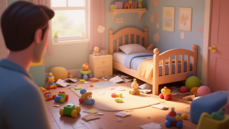 自动生成图片: A cozy yet slightly messy children's room from a parent's perspective, toys on the floor, soft natural lighting, warm color palette, 3D illustration style high quality illustration, detailed, 16:9