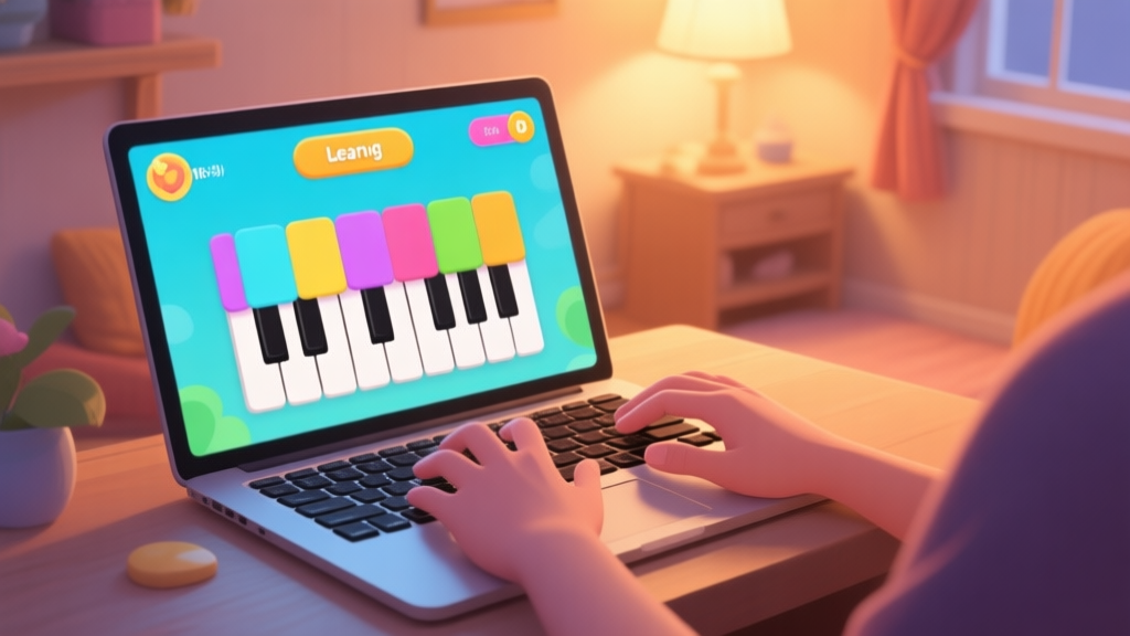 A cozy, softly lit room with a laptop open to a colorful piano learning game interface, hands hovering over a computer keyboard mapped as piano keys, warm and inviting atmosphere high quality illustration, detailed, 16:9